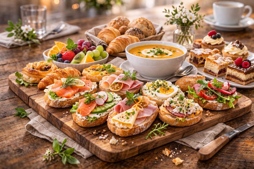 Exklusive Auswahl an feinen Brötchen, Suppe, Obst und Kuchen für einen stilvollen Trauerkaffee in Eppstein.