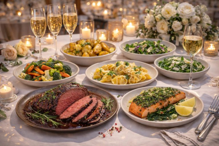 Elegantes Hochzeitsbuffet mit Roastbeef, Lachsforelle, Pasta, Rosmarinkartoffeln und frischen Salaten