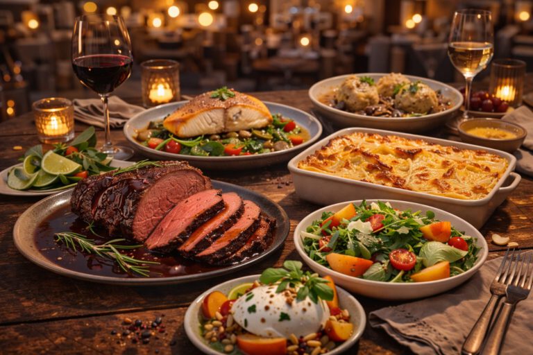 Familienbuffet mit Rinderbraten, Kartoffelgratin, Zanderfilet, Semmelknödeln und frischen Salaten