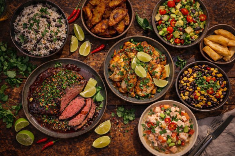 Lateinamerikanisches Buffet mit Chimichurri-Rind, Ceviche, Pollo Limón, Arroz Congris und Avocado-Salat