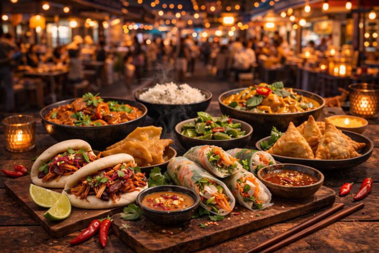 Streetfood Buffet mit Bao Buns, Sommerrollen, Samosas, Butter Chicken und Thai Curry