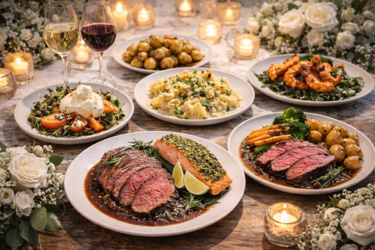 Festliches Premium-Menü mit Roastbeef, Lachs, Pasta Birne-Ricotta und Burrata auf elegant gedecktem Tisch