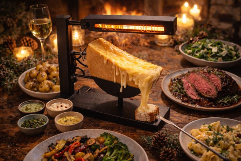 Raclette-Käserad am Grill mit Ofenkartoffeln, Gemüse und winterlichen Beilagen