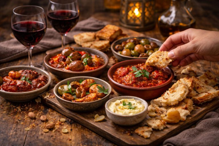 Spanische Tapas mit Oliven, Patatas Bravas und Brot auf rustikalem Tisch