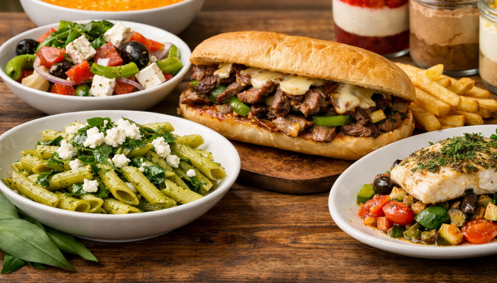 Rustikale Tischplatte mit köstlichen Gerichten